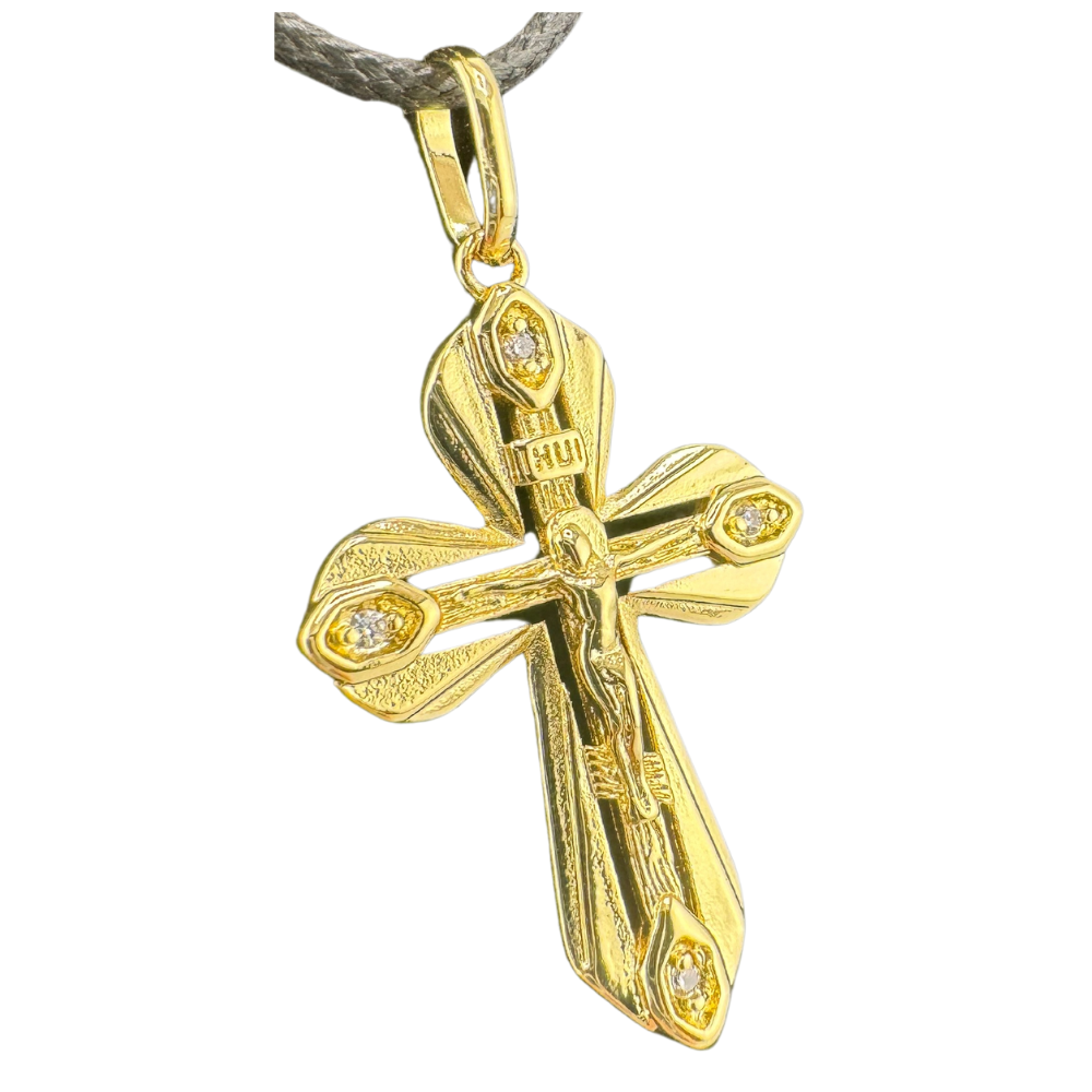 Divine Elegance: Orthodox Cross Pendant Plated In 14K Gold Brass Based with Zircon Stone w/o Chain Divine Elegance: Orthodox Cross Pendant Plated In 14K Gold Brass Based with Zircon Stone w/o Chain
